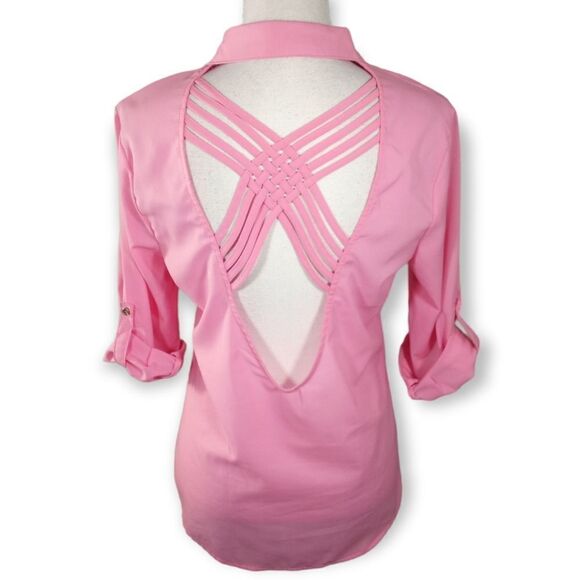 ROLYPOLY PINK CRISSCROSS BACK BUTTON DOWN BLOUSE SZ.M EUC - Picture 3 of 5